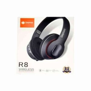 Écouteurs sans fil casque bluetooth R8 Deep Bass, affichant les coussinets en cuir écologique et les boutons de commande.