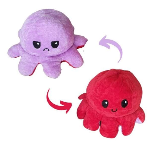 Peluche Reversible Octopus Jouet nournours double face Cadeau doudou deux face jeu adulte enfant visage content et triste rouge mauve