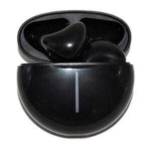 Écouteurs Bluetooth Sans Fil V5.0+EDR noirs dans leur boîtier de charge compact, prêts à l'emploi