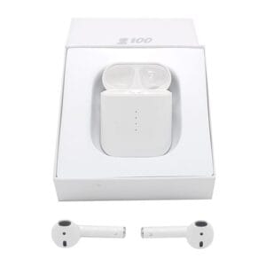 Écouteurs Bluetooth pas chers i100 posés à côté d'un smartphone, parfaits pour une utilisation quotidienne au Maroc.