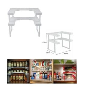 Support rangement cuisine extensible en plastique blanc, montrant sa capacité à s'adapter à différentes largeurs