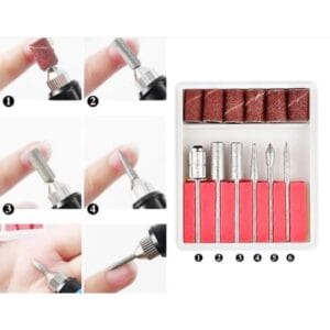 Détail de la pièce à main et des différentes fraises d'une ponceuse ongles électrique