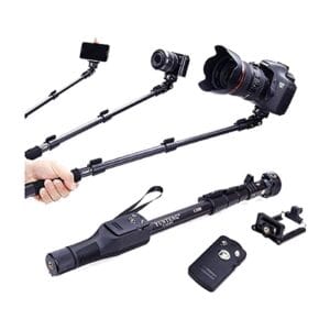 Perche selfie compatible GoPro et reflex numérique posée sur un trépied