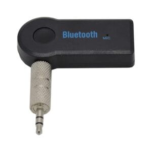 recepteur Bluetooth voiture audio 3.5mm noir pour autoradio et systèmes Hi-Fi, affichant sa taille compacte.