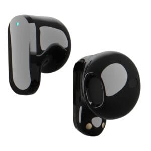 Écouteurs sans fil Bluetooth Rio Bud4 noirs dans leur étui de charge, prêts pour une utilisation quotidienne au Maroc.