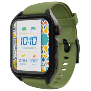 Montre intelligente U-Leap Pro noire et bracelet silicone, affichant l'heure et des icônes sportives pour le suivi d'activité.
