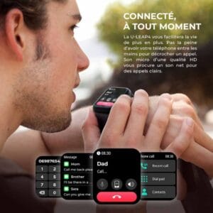 Vue d'ensemble des coloris disponibles de la Montre Connectée U Leap4 : bleue, grise, noire et rose or.