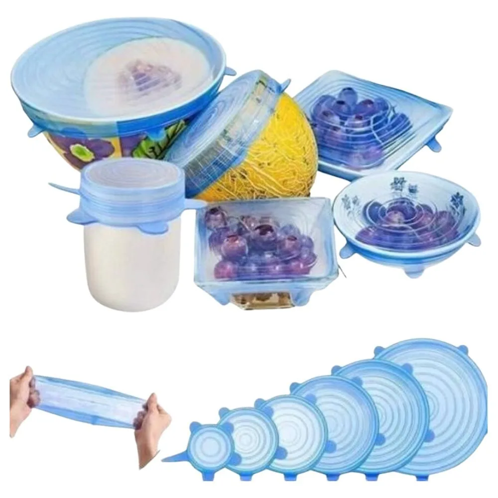 6 Couvercles en Silicone Extensibles Reutilisables bleu