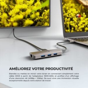 Vue détaillée des ports de l'adaptateur Type C pour une connectivité polyvalente au Maroc.