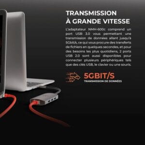 Utilisateur connectant un écran externe via l'adaptateur Type C HDMI.