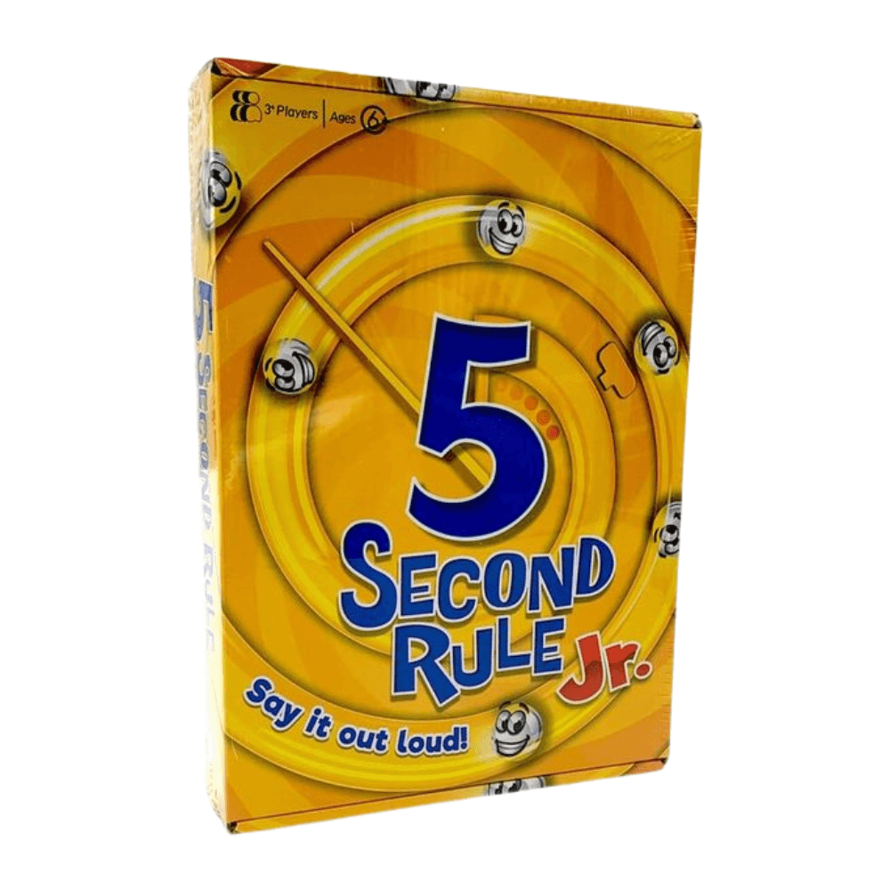 5 Second Rule Jr. (5 Secondes Junior) (2) Boîte du jeu de société "5 Second Rule Jr." (Règle des 5 secondes Junior) avec un grand "5" bleu et un minuteur jaune tourbillonnant, mentionnant "Say it out loud!" et "3+ Players Ages 6+".