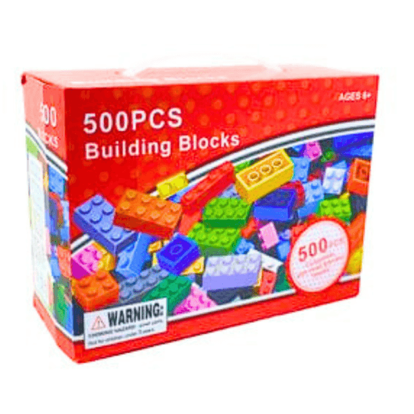 Blocs de construction colorés, compatibles avec la plupart des marques, montrant les dimensions détaillées de briques de 2x2, 1x4 et 2x4, avec l'indication "AGE 6+" et un avertissement de danger d'étouffement.