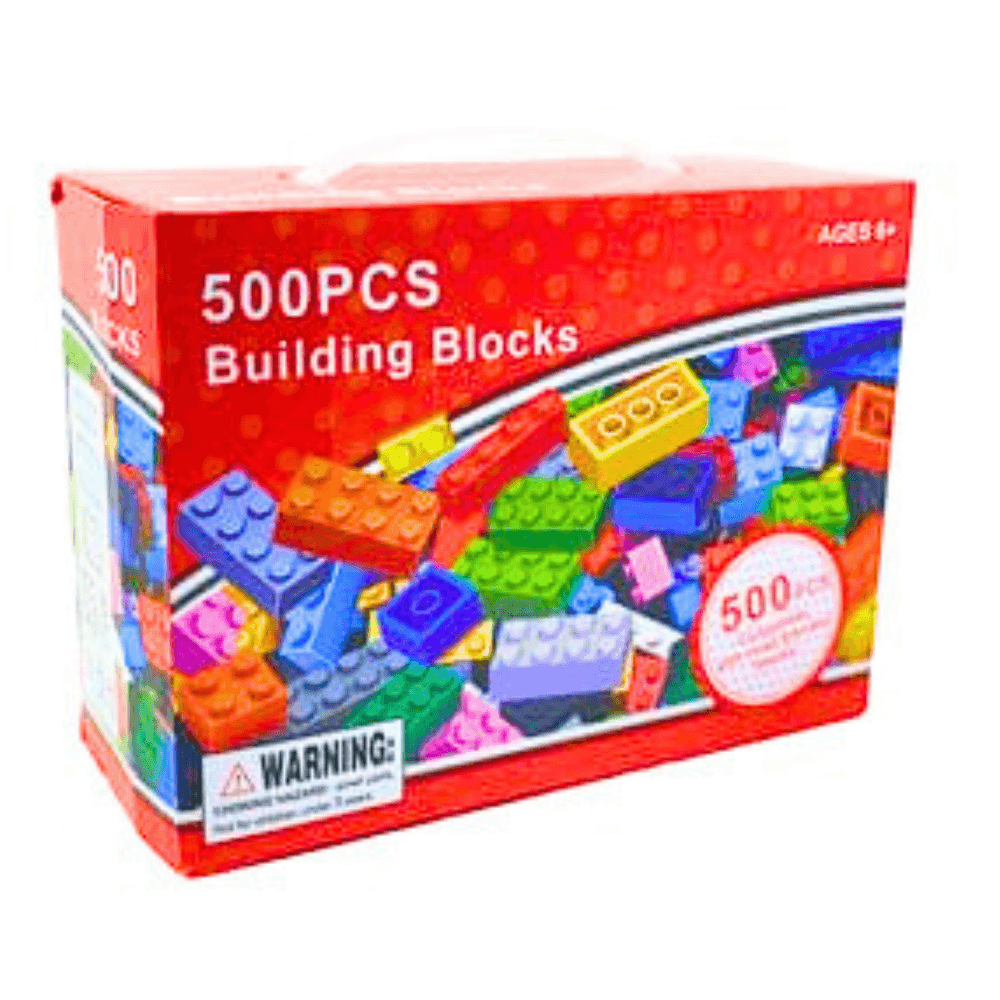 500PCS Blocs de Construction Compatibles (2) Blocs de construction colorés, compatibles avec la plupart des marques, montrant les dimensions détaillées de briques de 2x2, 1x4 et 2x4, avec l'indication "AGE 6+" et un avertissement de danger d'étouffement.