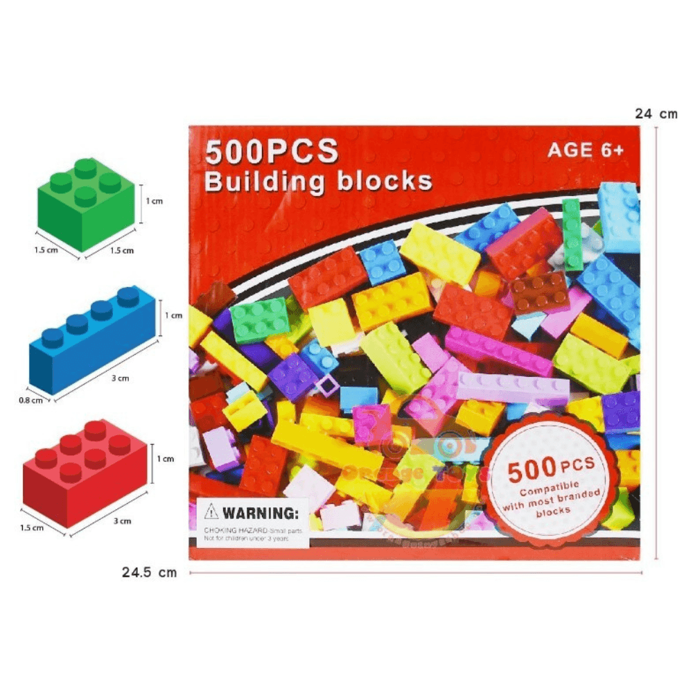 500PCS Blocs de Construction Compatibles Boîte de 500 blocs de construction colorés, compatibles avec la plupart des marques, montrant les dimensions détaillées de briques de 2x2, 1x4 et 2x4, avec l'indication "AGE 6+" et un avertissement de danger d'étouffement.