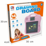 Tableau de dessin jouet électronique éducatif "Children Intelligent Drawing Board" (Modèle BT-2241E) destiné aux 3 ans et plus. Le produit rose possède un écran, des boutons, un haut-parleur et propose 14 fonctions (Lettres, Nombres, Dessin, Musique, Maths, Orthographe). Dimensions de la boîte : $30 \times 30 \times 4$ cm.