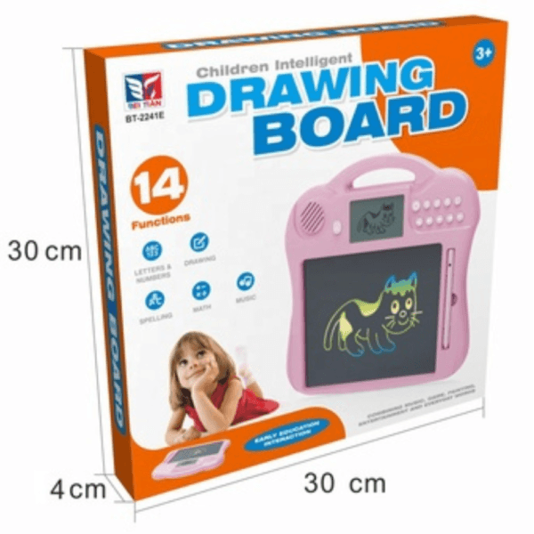 Tableau de dessin jouet électronique éducatif "Children Intelligent Drawing Board" (Modèle BT-2241E) destiné aux 3 ans et plus. Le produit rose possède un écran, des boutons, un haut-parleur et propose 14 fonctions (Lettres, Nombres, Dessin, Musique, Maths, Orthographe). Dimensions de la boîte : $30 \times 30 \times 4$ cm.