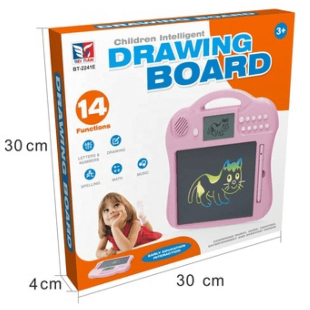 BEI TIAN BT-2241E - Tableau de Dessin Intelligent pour Enfants 3+ 14 Fonctions Éducatives (2) Tableau de dessin jouet électronique éducatif "Children Intelligent Drawing Board" (Modèle BT-2241E) destiné aux 3 ans et plus. Le produit rose possède un écran, des boutons, un haut-parleur et propose 14 fonctions (Lettres, Nombres, Dessin, Musique, Maths, Orthographe). Dimensions de la boîte : $30 \times 30 \times 4$ cm.