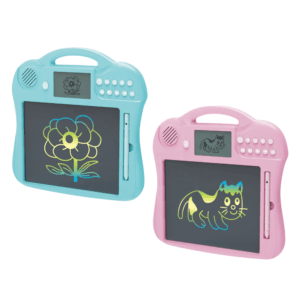 jouet électronique éducatif "Children Intelligent Drawing Board" (Modèle BT-2241E) destiné aux 3 ans et plus. Le produit rose possède un écran, des boutons, un haut-parleur et propose 14 fonctions (Lettres, Nombres, Dessin, Musique, Maths, Orthographe). Dimensions de la boîte : $30 \times 30 \times 4$ cm.