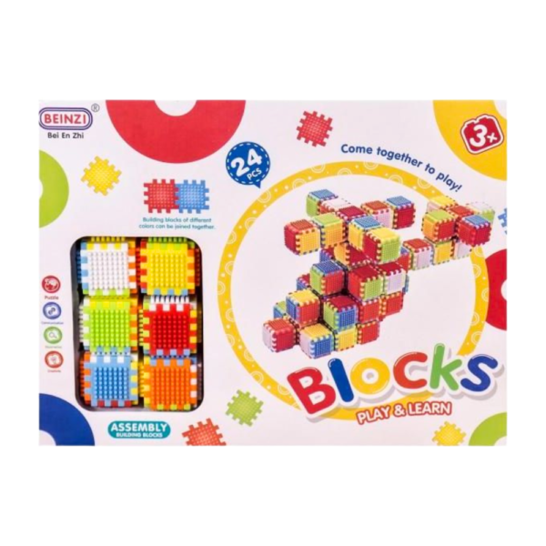 Boîte de jouet Blocs d'Assemblage BEINZI (Bei En Zhi) 24 pièces, pour enfants de 3 ans et plus, montrant des blocs multicolores à picots.