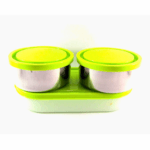 Deux petits conteneurs ronds en acier inoxydable avec des couvercles vert citron, posés sur un conteneur ovale plus large en plastique vert.