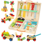 Boîte à outils en bois pour enfants avec outils colorés, conçue pour développer la motricité et la créativité des enfants dès 36 mois.