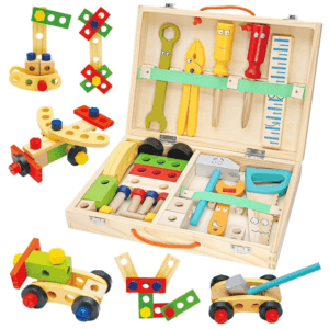 Boîte à outils en bois pour enfants avec outils colorés, conçue pour développer la motricité et la créativité des enfants dès 36 mois.