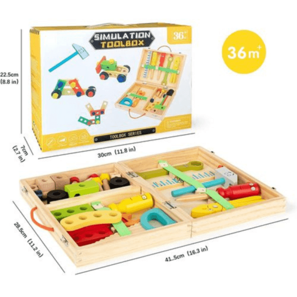 Boîte à outils en bois pour enfants avec outils colorés, conçue pour développer la motricité et la créativité des enfants dès 36 mois.