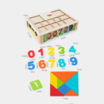 Détails et dimensions des pièces du jeu éducatif en bois, y compris le plateau, les chiffres de 0 à 9 et le Tangram.