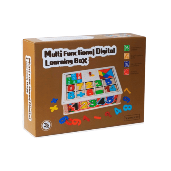 jouet éducatif en bois "Multi Functional Digital Learning Box" montrant le contenu, des chiffres, des formes de Tangram et les fonctions éducatives.