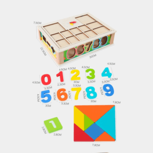 Détails et dimensions des pièces du jeu éducatif en bois, y compris le plateau, les chiffres de 0 à 9 et le Tangram.