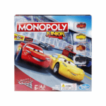 Boîte du jeu Monopoly Junior édition Disney Pixar Cars 3 avec logo Hasbro et images des personnages.