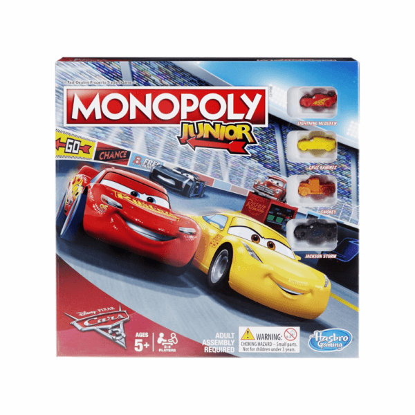 Boîte du jeu Monopoly Junior édition Disney Pixar Cars 3 avec logo Hasbro et images des personnages.