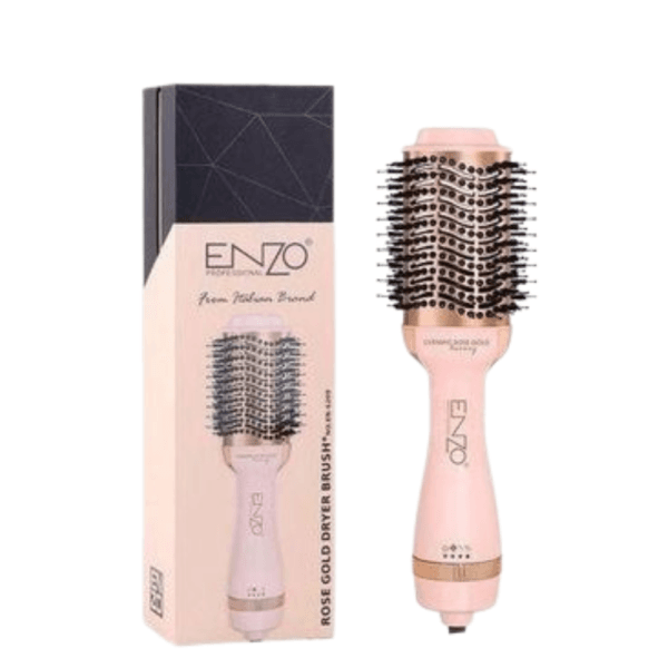 Brosse sèche-cheveux professionnelle ENZO Rose Gold, modèle EN-6209, bicolore rose pâle et or rose, présentée avec son emballage.