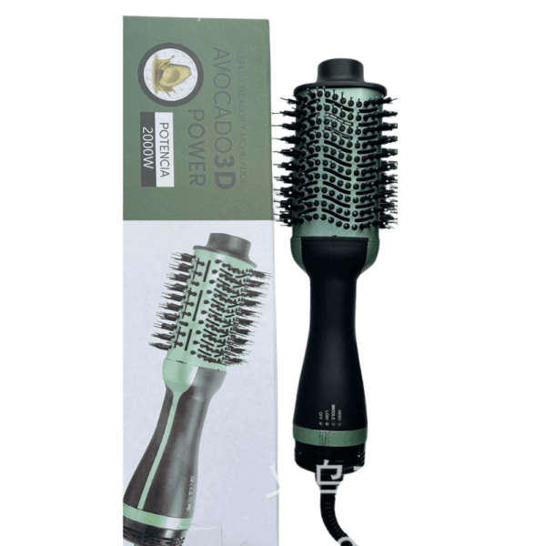 Brosse sèche-cheveux et volumatrice Avocado 3D Power 2000W, de couleur vert avocat et noir, présentée à côté de son emballage.