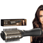 Brosse soufflante à air chaud SOKANY Hot Air Comb SK-1818 noire et dorée, posée à côté d'une boîte de produit montrant une femme avec des cheveux ondulés et volumineux.