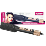 Brosse lissante chauffante Sonar SN-901 noire et or avec commandes, posée devant son emballage montrant une femme aux cheveux lisses.