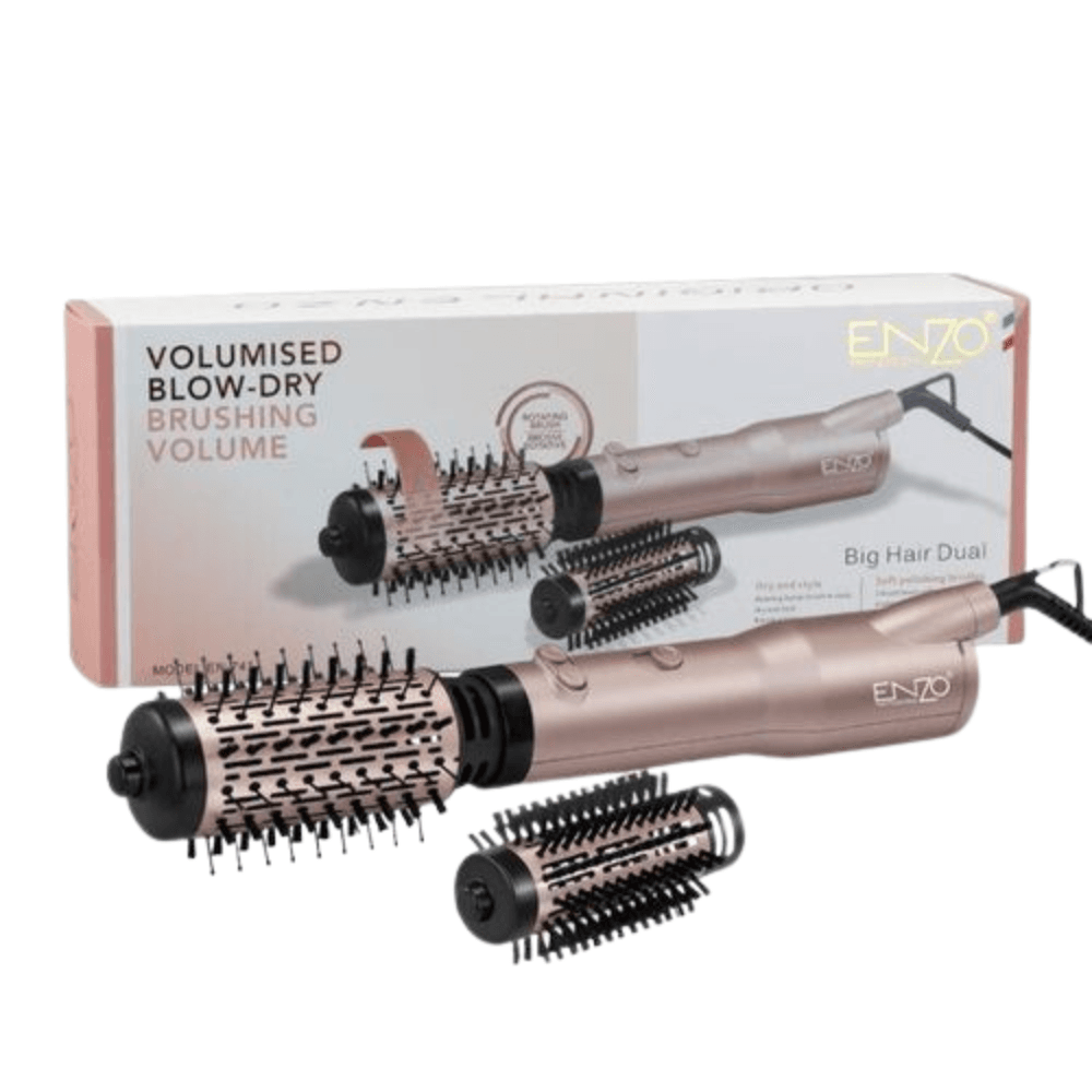 Brosse soufflante rotative ENZO Big Hair Dual – 2 embouts interchangeables (2) Brosse soufflante rotative ENZO Big Hair Dual avec deux embouts interchangeables pour brushing volumineux et lisse.