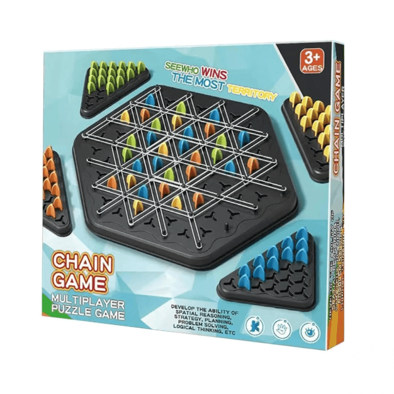 Un plateau de jeu de société noir, quadrillé de picots formant des triangles, avec des élastiques blancs tendus et des pions de quatre couleurs (bleu, vert, jaune, orange) disposés. Une main place un pion. La boîte du jeu, intitulée "CHAIN GAME MULTIPLAYER PUZZLE GAME", est visible.