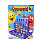 Connect 4 Interesting avec grille bleue et jetons rouges et jaunes, posé devant sa boîte colorée.