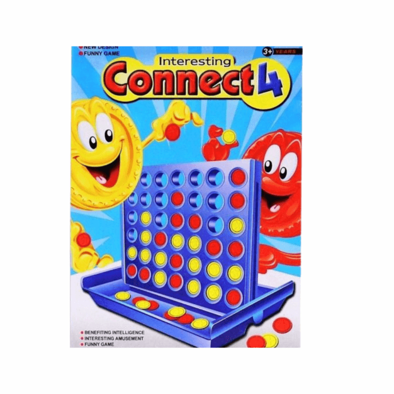 Connect 4 Interesting avec grille bleue et jetons rouges et jaunes, posé devant sa boîte colorée.