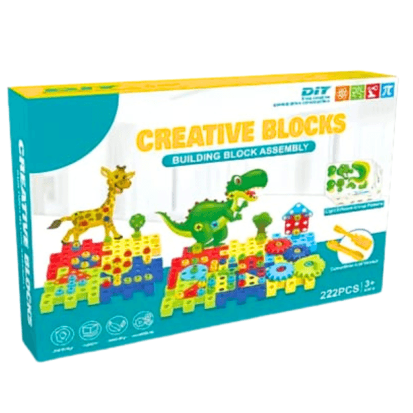 Jeu de construction pour enfants DIT, boîte de 222 pièces multicolores avec blocs, engrenages, animaux et paysages à assembler.