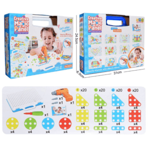 Mallette de rangement du jeu de construction enfant Creative Magic Panel, facile à transporter pour activités éducatives en voyage.