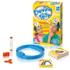Jeu de société Devine à Tête Megableu, classique familial de déduction avec sablier et bandeaux.