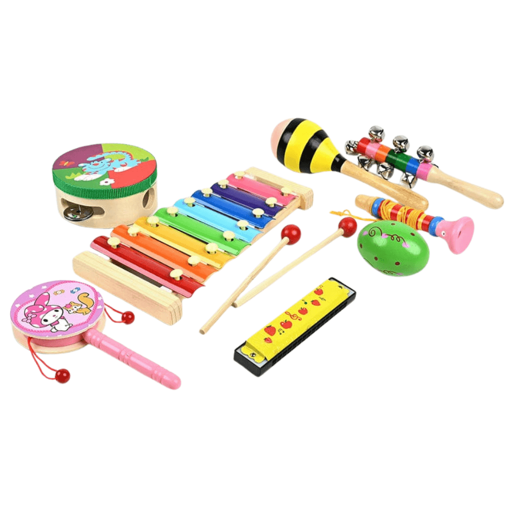 Ensemble Musical Éducatif en Bois Enfants (2) Boîte d'emballage pour un ensemble d'instruments de musique d'éducation précoce, affichant la mention "Early education musical instrument combination" et l'indication d'âge "36+ months". L'image montre des jouets musicaux en bois et colorés (tambourin, maracas, xylophone).