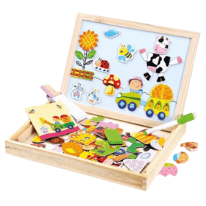 Boîte d'un jeu éducatif magnétique pour enfants sur le thème de la ferme, intitulé "Farm animal fun", incluant un tableau, des pièces magnétiques et un feutre.