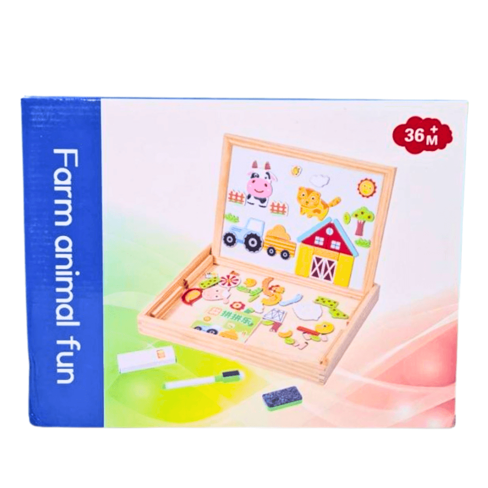 Farm Animal Fun - Jeu Éducatif Magnétique Boîte d'un jeu éducatif magnétique pour enfants sur le thème de la ferme, intitulé "Farm animal fun", incluant un tableau, des pièces magnétiques et un feutre.