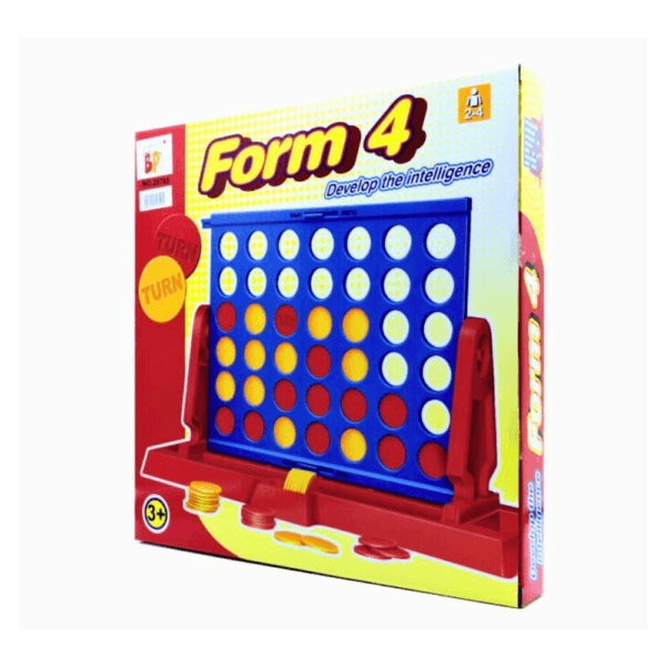 Boîte du jeu de stratégie et société "Form 4 Develop the Intelligence" (similaire à Puissance 4) montrant la grille de jeu bleue avec des pions rouges et jaunes insérés.
