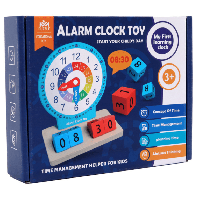 Horloge éducative d'Apprentissage 'My First Learning Clock' montrant une horloge analogique en bois, des blocs numériques rouges et bleus (affichant 21 et 30) sur un socle, et la boîte du produit. L'horloge indique clairement les heures de 1 à 12, les minutes de 1 à 60, et les heures militaires de 13 à 24.