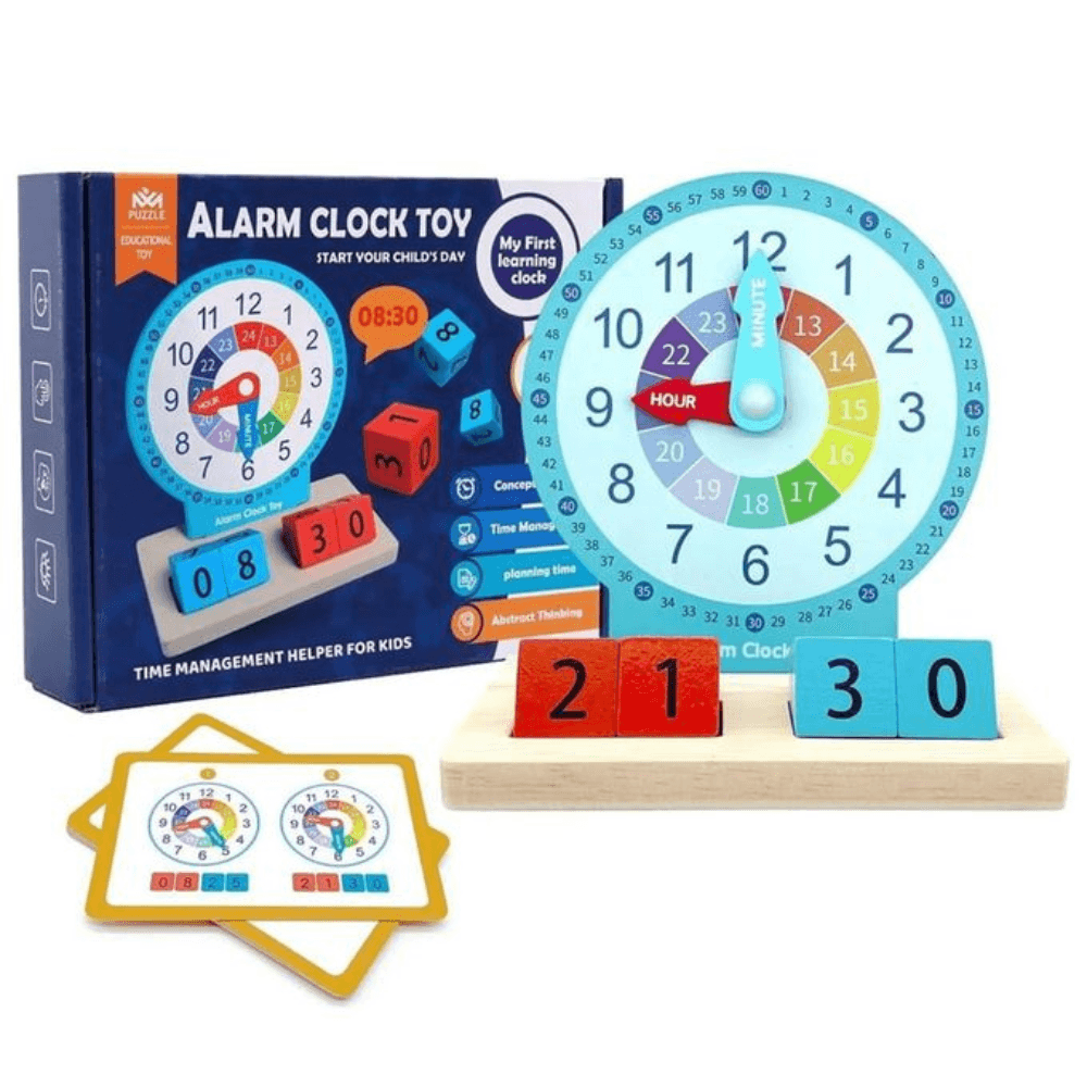 Horloge Éducative Enfant – Apprentissage l’Heure avec d’Activités Horloge éducatif d'Apprentissage 'Alarm Clock Toy - Start Your Child's Day', affichant l'horloge, des blocs numériques (08 et 30), et les objectifs éducatifs : Concept du temps, Gestion du temps, Planification du temps, Pensée abstraite. Âge recommandé 3+