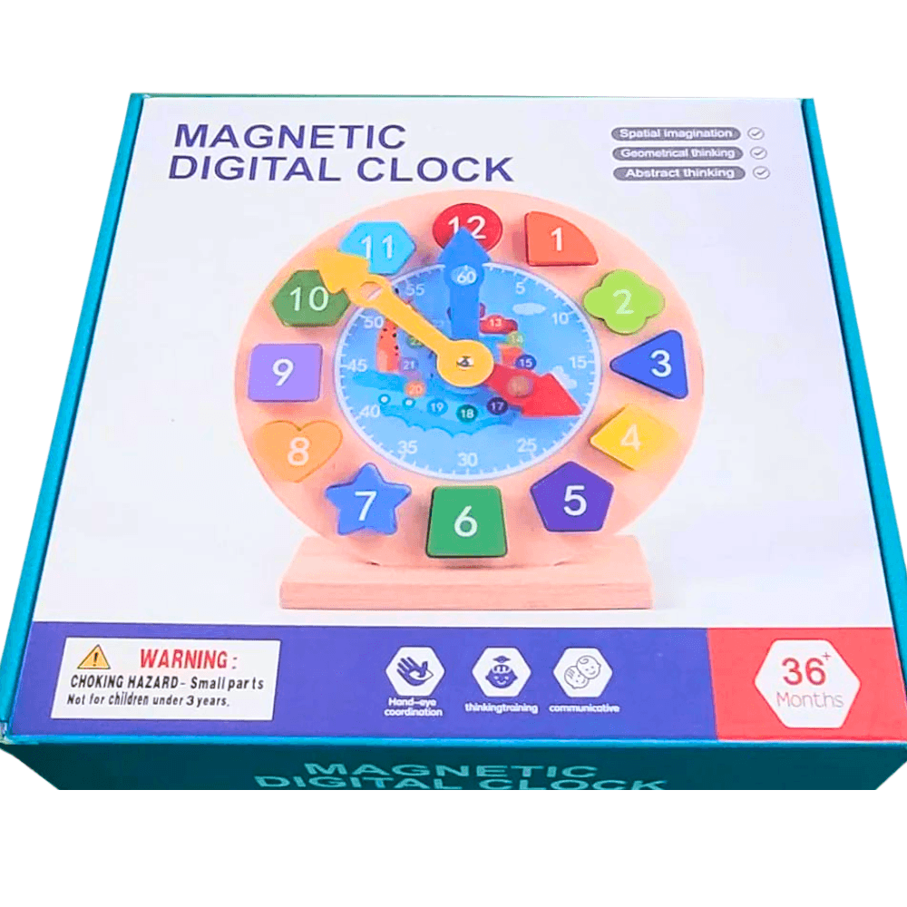 Horloge Numérique Magnétique en Bois – Jouet Éducatif pour Enfants (3) Boîte d'un jouet éducatif en bois, une "Magnetic Digital Clock" (Horloge Numérique Magnétique) pour apprendre l'heure. Le jouet est une horloge colorée avec des blocs numériques amovibles de différentes formes. La boîte mentionne les compétences développées et un avertissement "CHOKING HAZARD - Small parts, Not for children under 3 years" et l'âge recommandé "36+ Months".